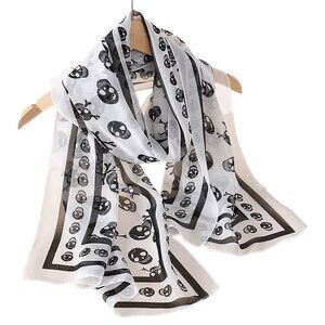 NEW Soft Silky Poly Chiffon B/W Long Scarf w/Skull & Stripe Border 19” W x 59"L
